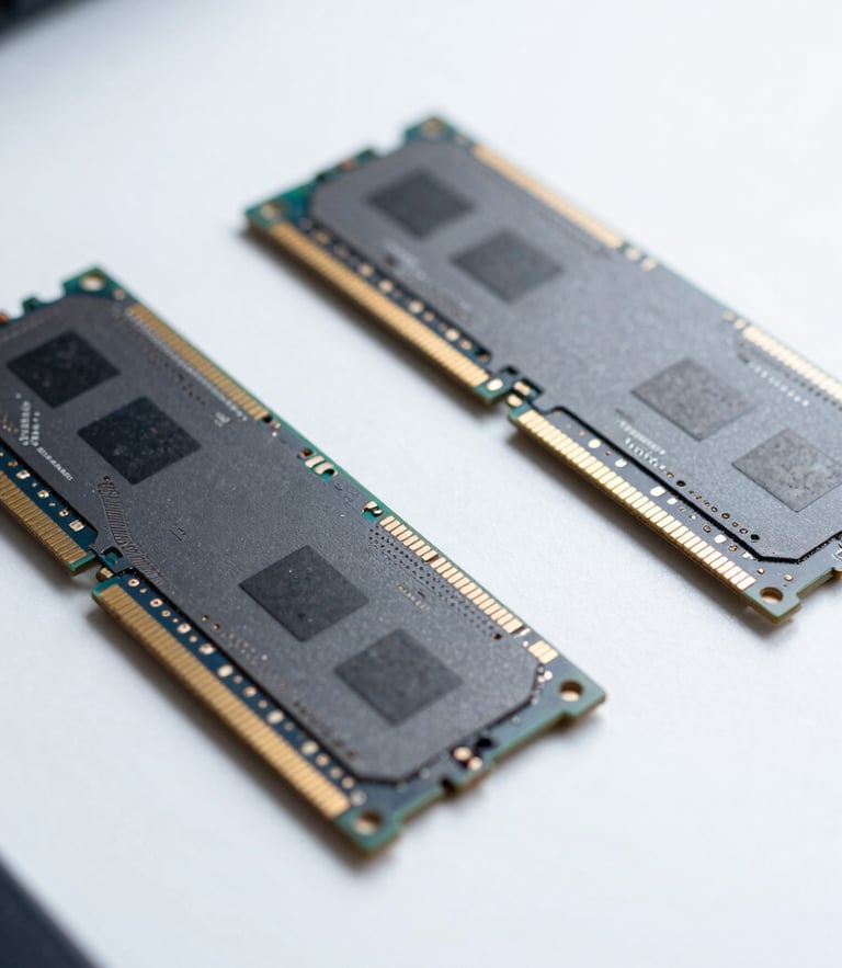 Macro shot of high-quality computer hardware components, clean technical photography, bright cool studio lighting, sharp focus on SSD and RAM, minimalist composition, 50mm