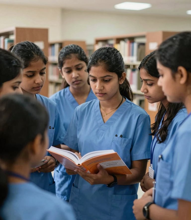 Group of nursing students collaborating in a bright, modern Ranchi campus library, focused on a textbook