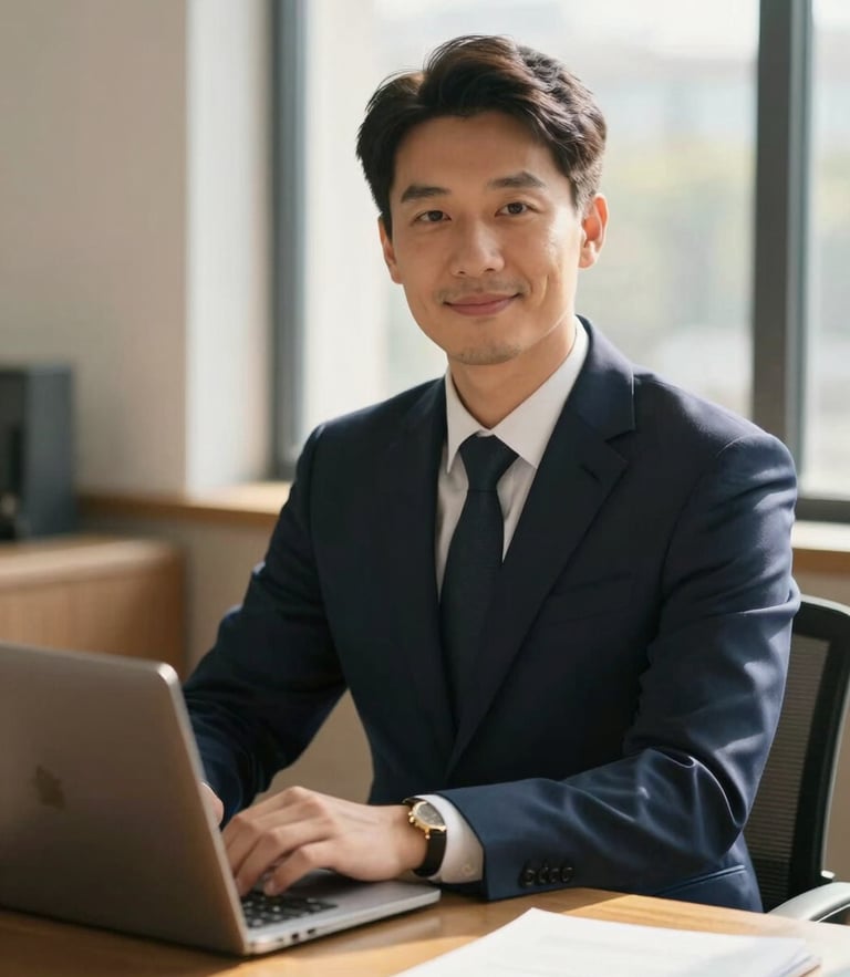 Warm editorial portrait of an immigration attorney in a sunlit office, deep navy suit, gold desk accents, soft window lighting, shallow depth of field, 35mm