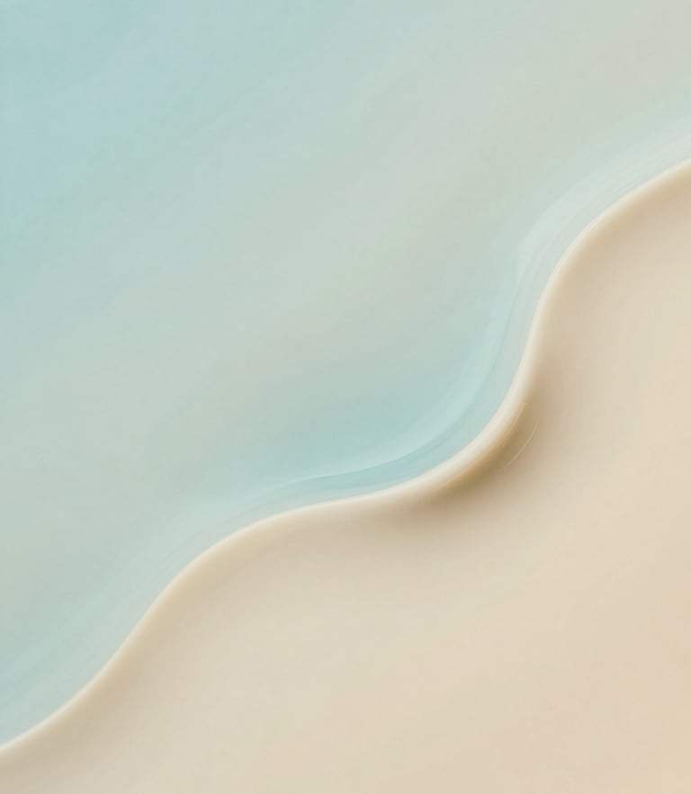 Abstract fluid art with smooth waves of soft cyan blue and warm cream, soft diffused daylight, shallow depth of field, minimalist composition