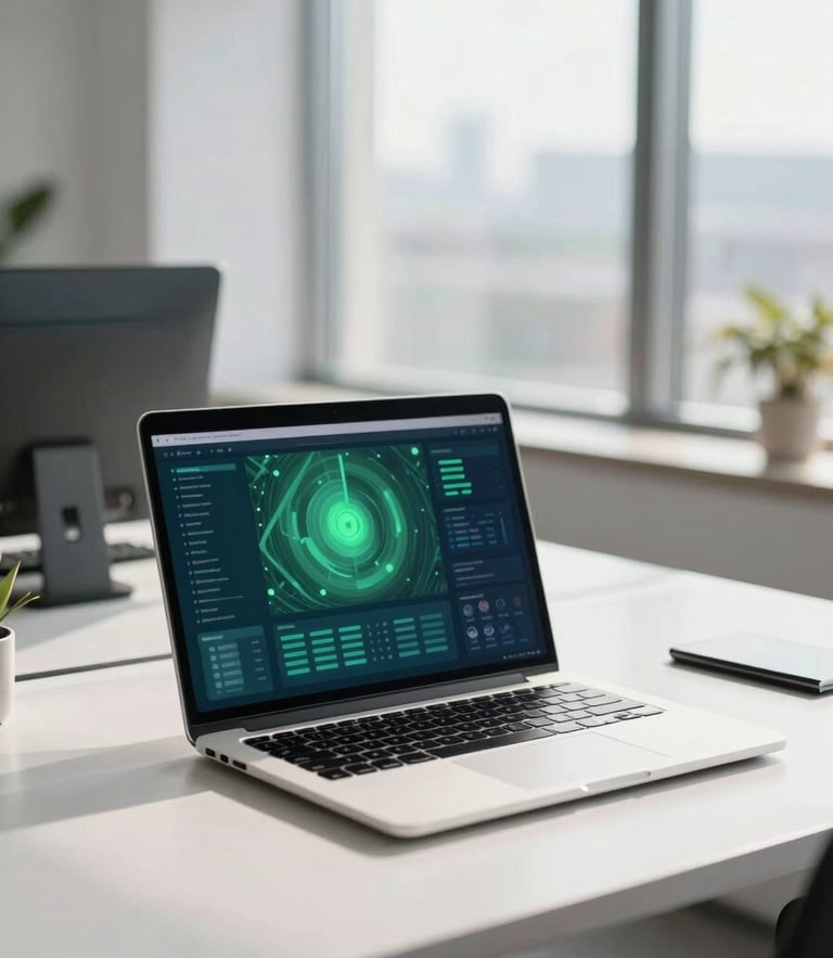 A professional Canadian corporate office setting, a clean desk with a laptop displaying an abstract green and blue security dashboard, soft natural daylight streaming from a large window, shallow depth of field