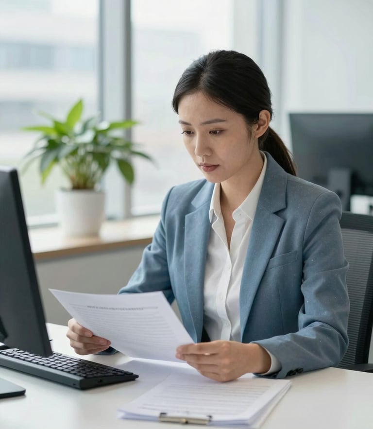 A professional Canadian modern office, bright natural daylight, a focused HR manager reviewing documents on a clean desk, soft blue tones, shallow depth of field