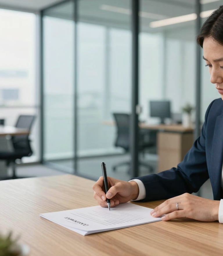 A bright modern Canadian office with natural daylight, clean glass partitions, a professional signing a document on a wooden desk, shallow depth of field