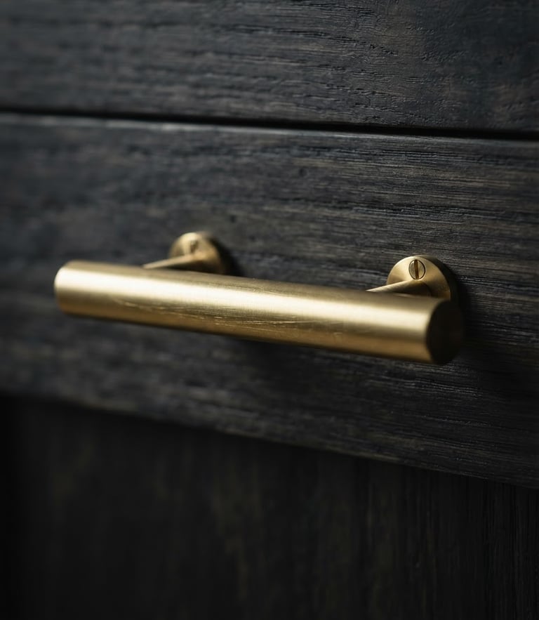 Macro shot of a brushed gold cabinet handle on dark oak wood, dramatic side lighting, sharp metallic highlights