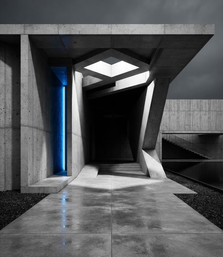 Ultra-wide angle architectural shot of a minimalist concrete pavilion, sharp high-contrast studio lighting, deep black shadows, clean geometric lines, 35mm