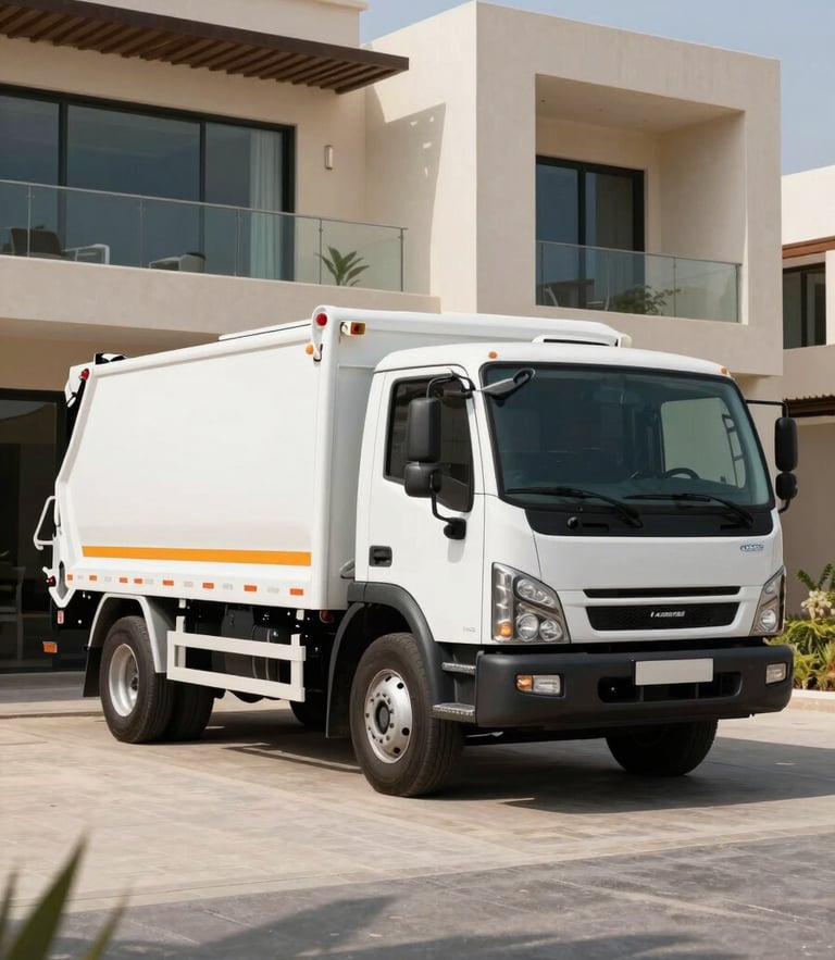 A clean, branded white removal truck parked outside a modern luxury villa in Arabian Ranches Dubai, bright desert daylight, sharp clean shadows