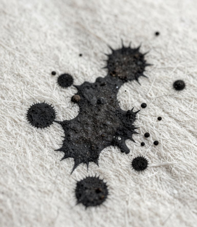 Macro close-up of dark ink bleeding into highly textured, heavy-grain cotton paper, showcasing organic fiber absorption under sharp directional light.