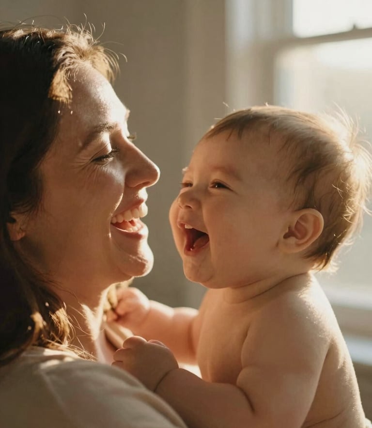 Close-up of a mother laughing with her baby, soft golden hour sunlight filtering through a window, warm editorial photography, shallow depth of field, 35mm film aesthetic