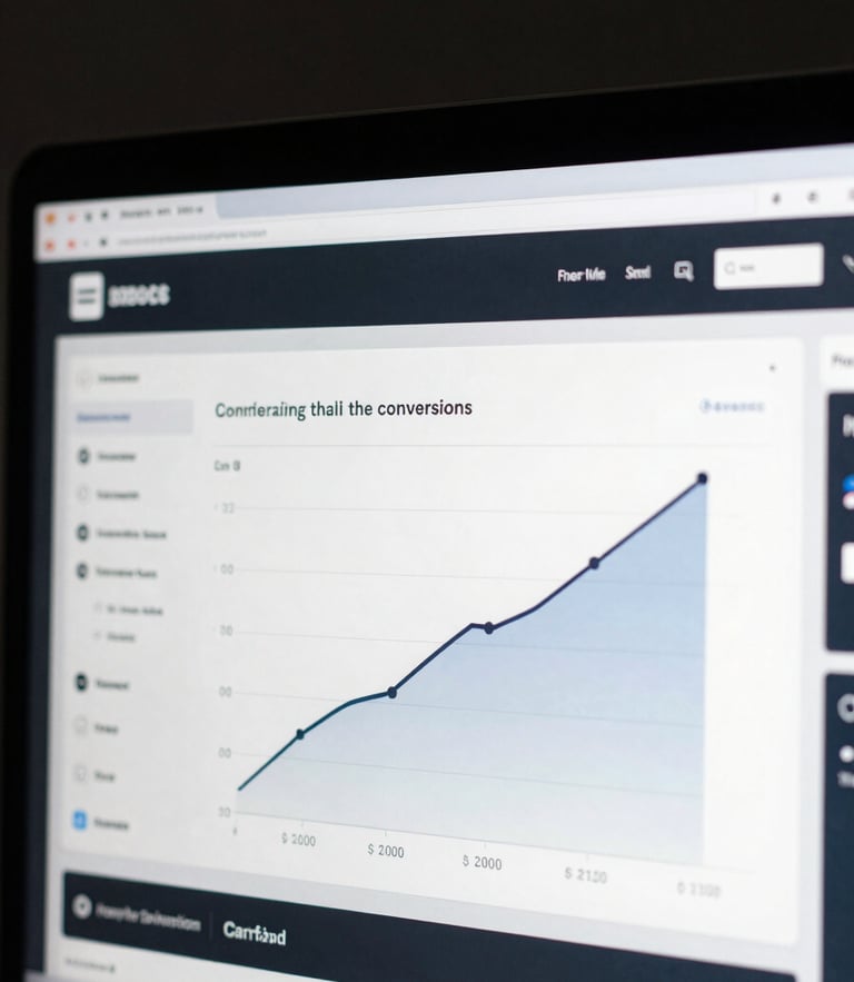 Macro shot of a clean e-commerce dashboard showing rising conversion rate metrics, cool sharp studio lighting, high contrast, dark mode interface.