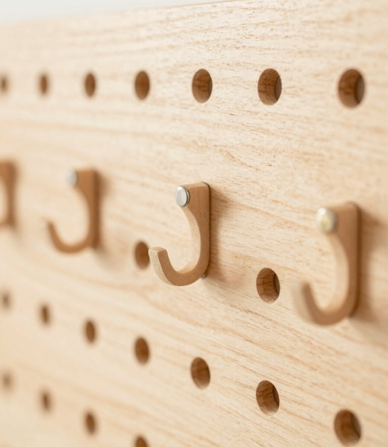 tight detail shot of modular hooks snapping into the warm wood pegboard, soft morning daylight, shallow depth of field, Japandi aesthetic