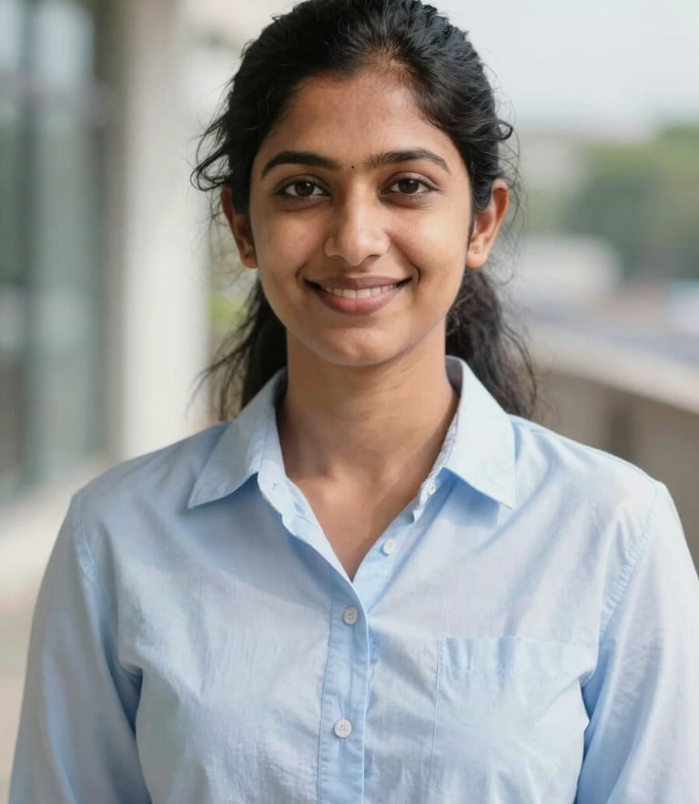 A professional, friendly headshot of Gowshika, a female IT developer, in bright natural daylight, clean blue and white tones, shallow depth of field, 50mm