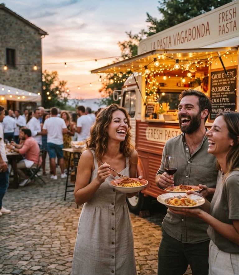 A vintage food truck illuminated by warm string lights at sunset, guests laughing with plates of fresh pasta, warm editorial photography, golden-hour light