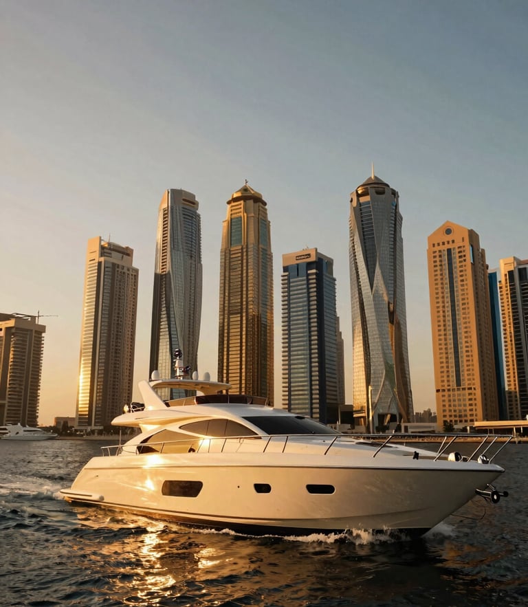 Low-angle cinematic shot of a luxury yacht sailing past the Dubai Marina skyline at golden hour, warm high-contrast tones.