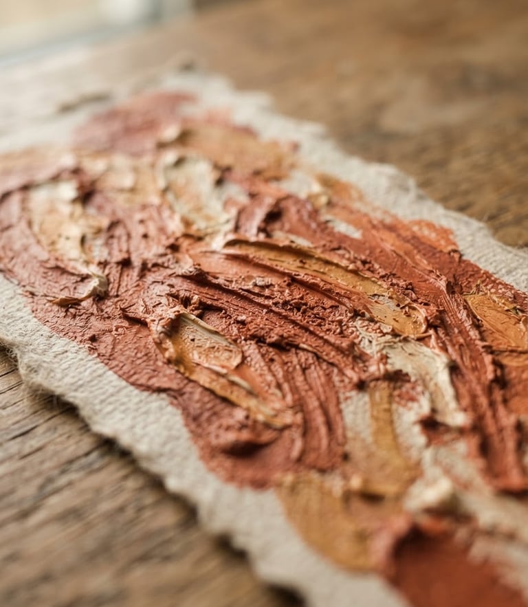 Macro close-up of a hand-painted bookmark on heavyweight canvas paper, natural side-lit window daylight highlighting thick ridges of terracotta acrylic paint, shallow depth of field