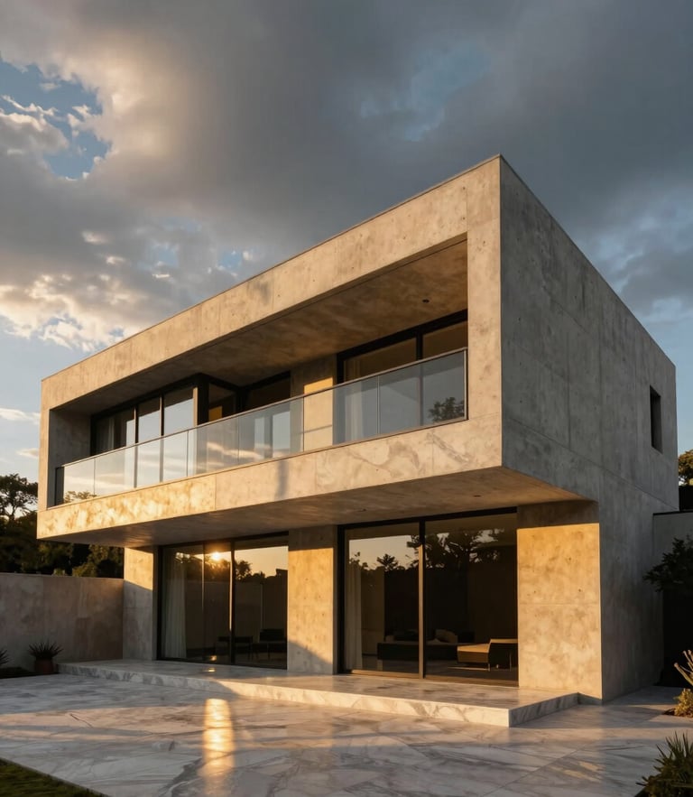 Wide-angle architectural photography of a modern luxury concrete and glass villa at golden hour, deep shadows, warm champagne gold lighting reflecting off premium marble surfaces, dramatic sky.