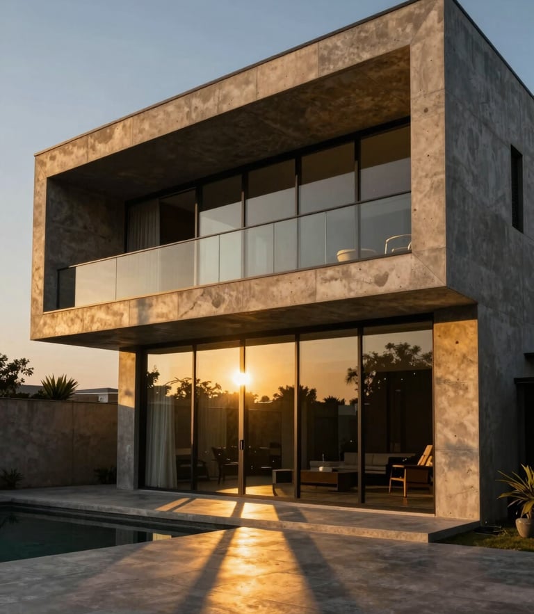 Dramatic golden-hour architectural photography of a modern luxury villa in Barwani, sharp geometric concrete lines, expansive glass facade, long shadows, rich gold and charcoal tones.