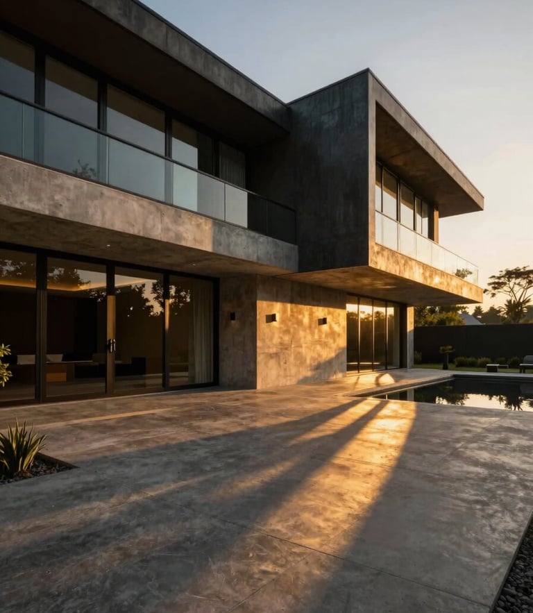 Dramatic wide-angle exterior of a modern luxury villa in Barwani, golden-hour sunlight casting long shadows on concrete and glass
