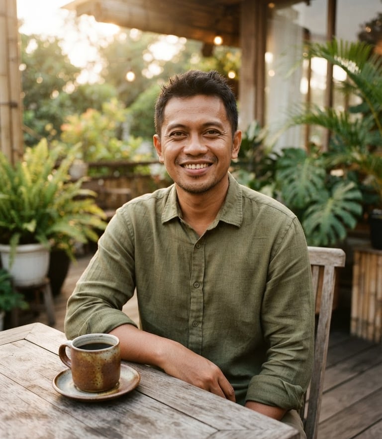 A warm close-up portrait of a friendly Indonesian man in his 30s wearing a casual linen shirt, sitting on a cozy wooden terrace with a ceramic coffee cup on the table, soft golden-hour window light, 35mm film look.
