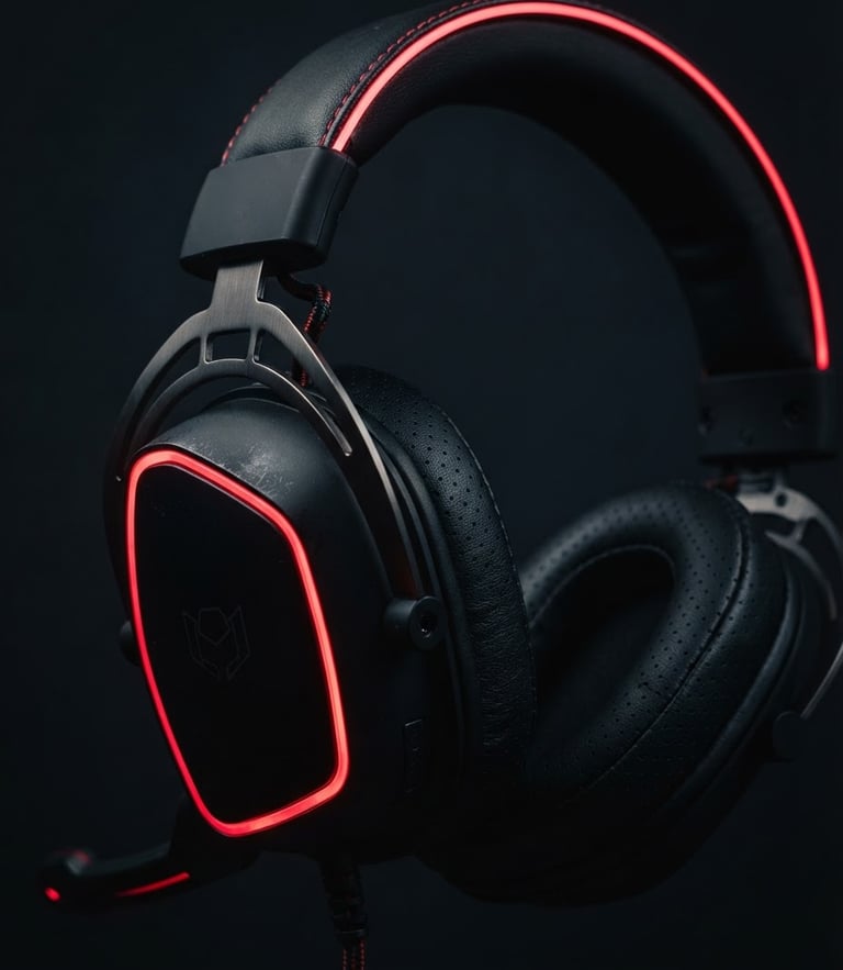 High-contrast low-key studio shot of an e-sports gaming headset glowing with crimson red neon trim, dark matte plastics, 35mm lens, sharp macro details
