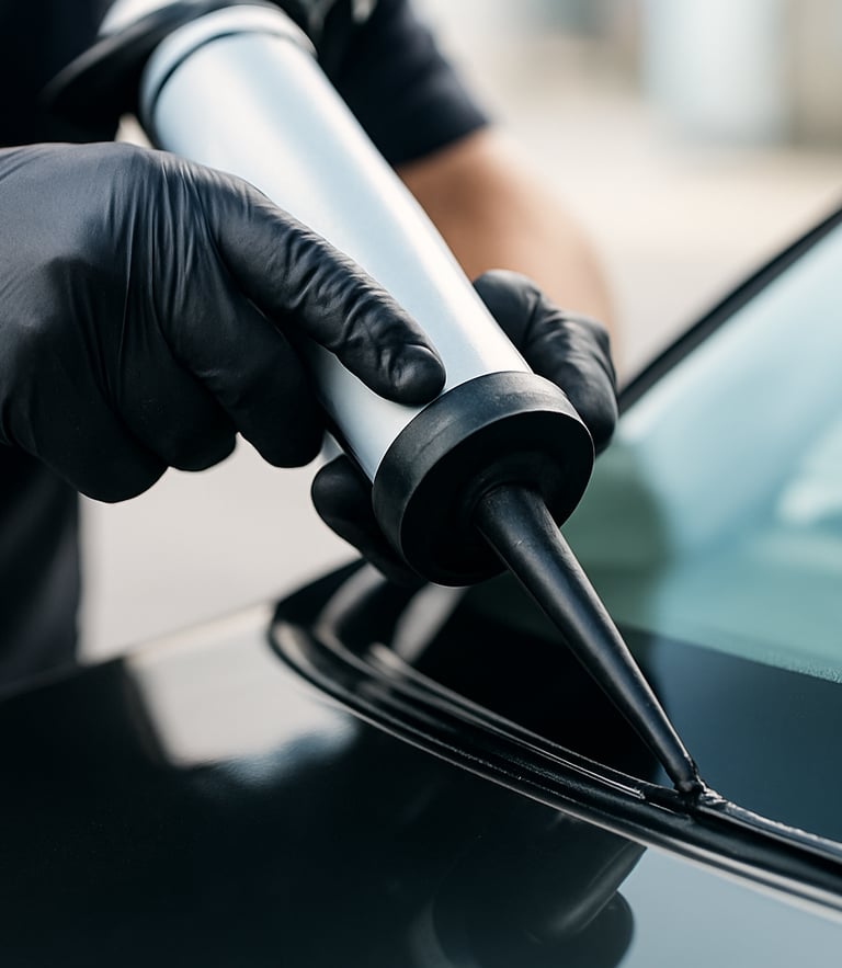 Close-up of a technician's hands in black protective gloves applying structural adhesive bead to the edge of a clean new windshield, bright natural daylight, crisp focus on the seal.