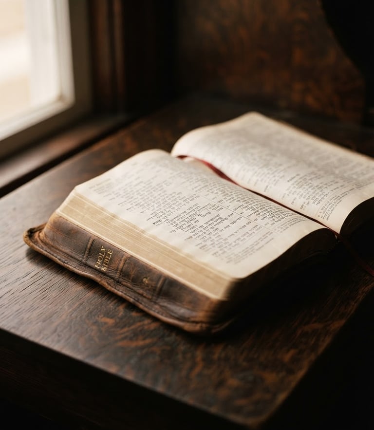 Warm editorial photography of an open leather-bound Bible on a dark wooden desk, soft natural window light casting deep shadows, shallow depth of field, 35mm