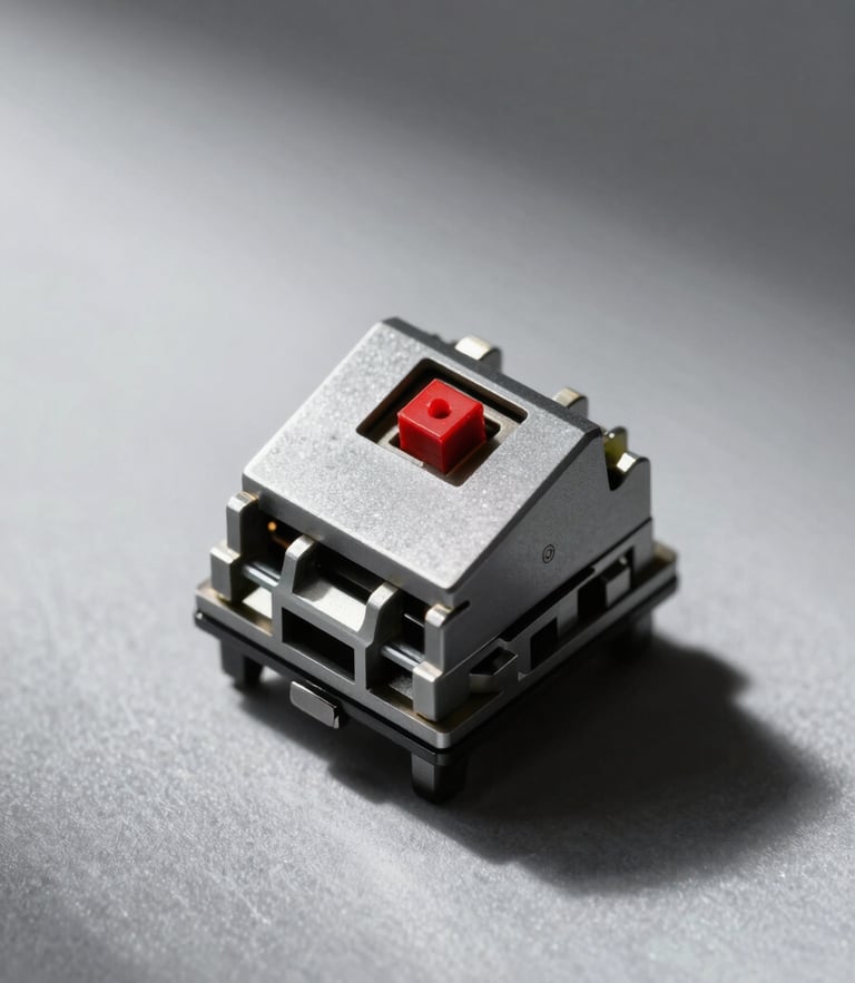 Macro shot of a vintage mechanical keyboard switch, high-contrast studio lighting, sharp architectural shadows, cool gray tones, minimalist composition.
