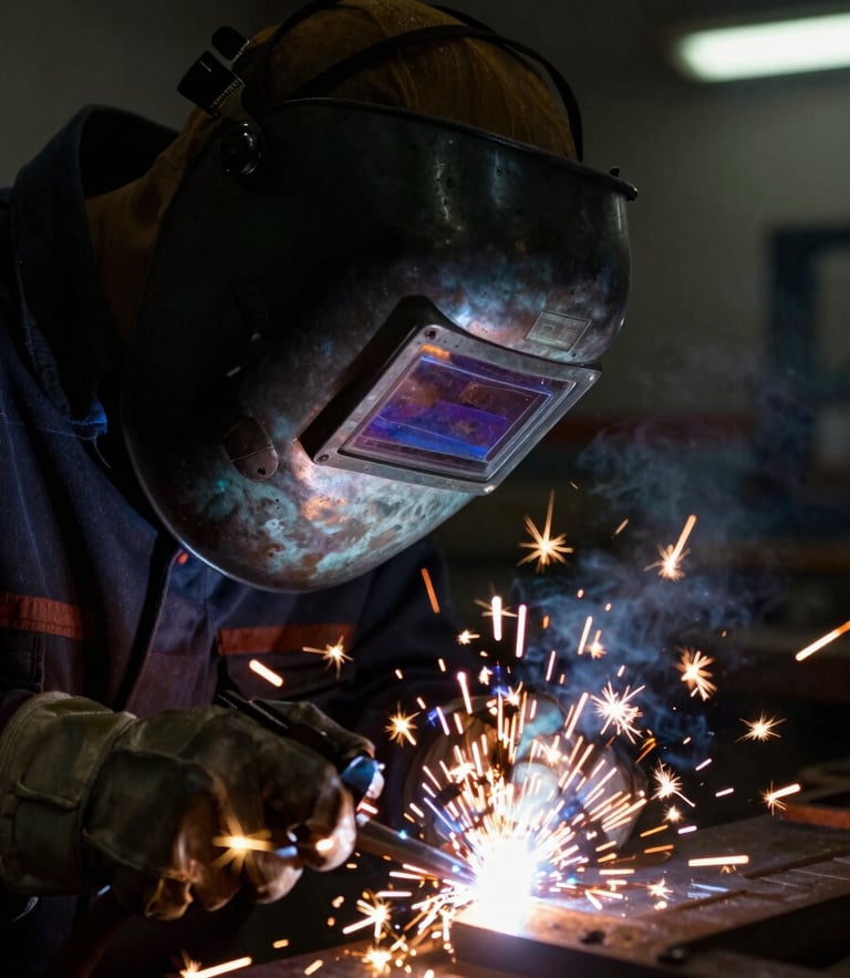 Dramatic low-key close-up of a certified welder in clean dark protective gear, intense golden welding sparks illuminating the metallic visor, deep shadows, 35mm