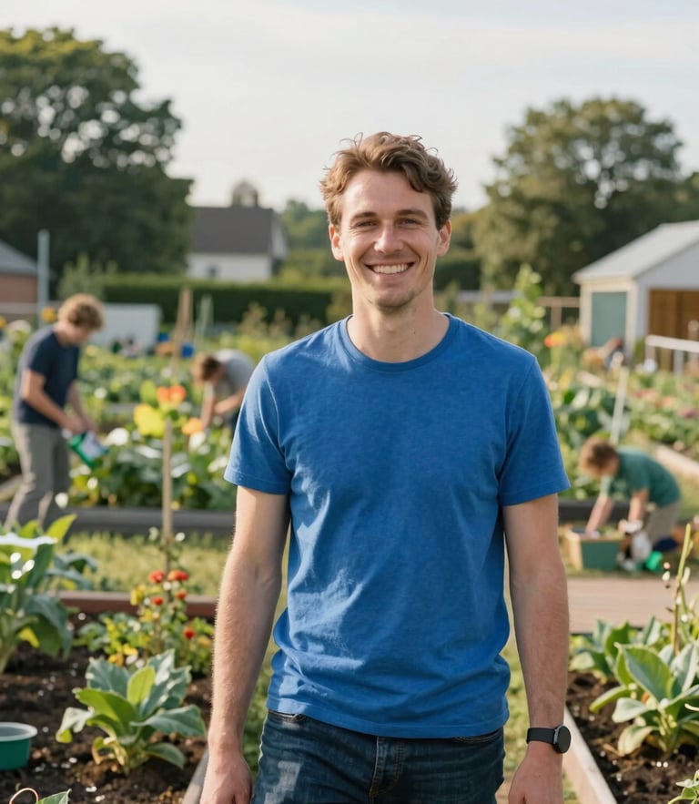 A warm wide portrait of a community coordinator smiling in an outdoor community garden in Calw, soft natural afternoon light, rich blue and teal tones, 35mm