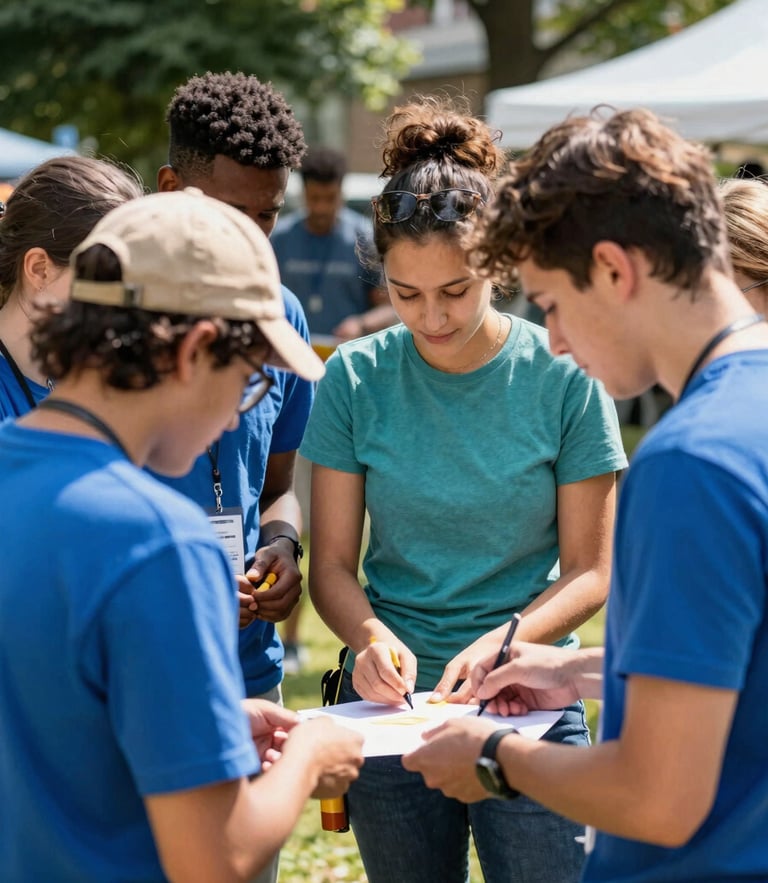 Warm environmental photo of diverse young people collaborating on a community project in Germany, bright natural daylight, hopeful atmosphere, 35mm