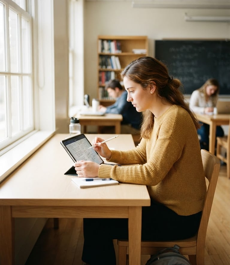 A focused student in a bright classroom using a tablet, warm natural light from a large window, clean academic setting, professional 35mm.