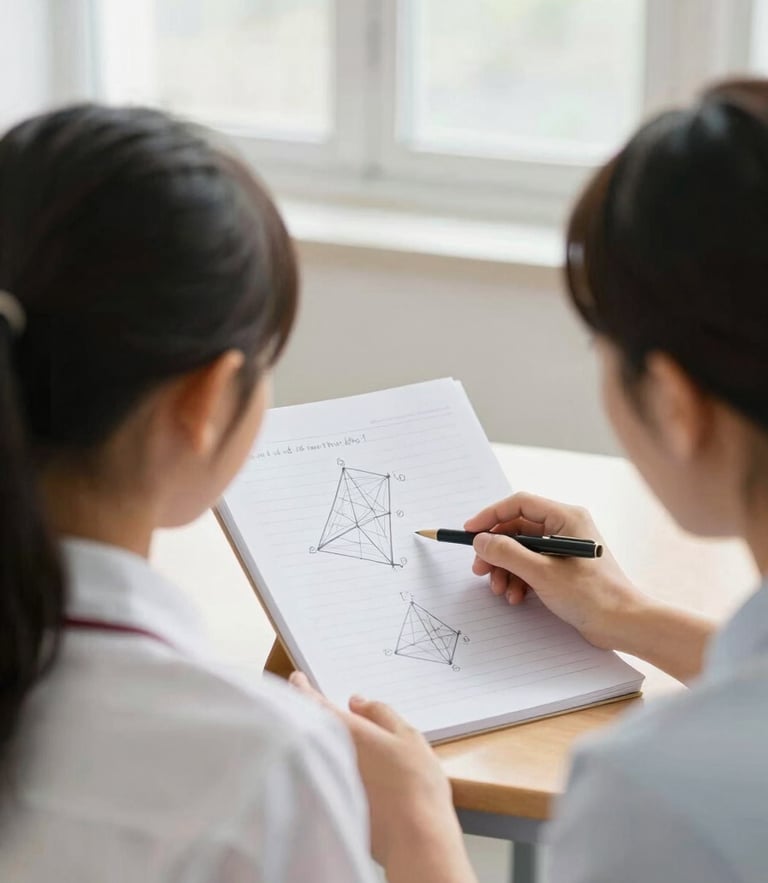 Over-the-shoulder shot of a tutor guiding a young student, pointing at a neat hand-drawn geometric proof on a workbook, warm editorial photography, bright natural window light, clean classroom setting, soft focused tones, shallow depth of field, 35mm