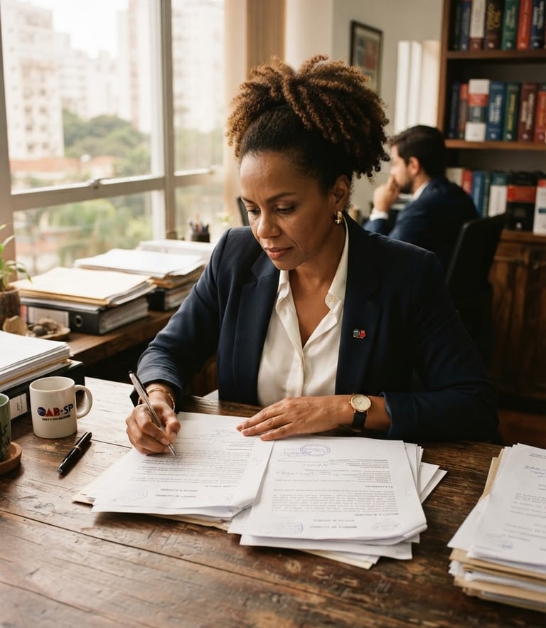 Environmental portrait of a Brazilian lawyer reviewing physical documents at a wooden table, warm natural window light, shallow depth of field, 35mm