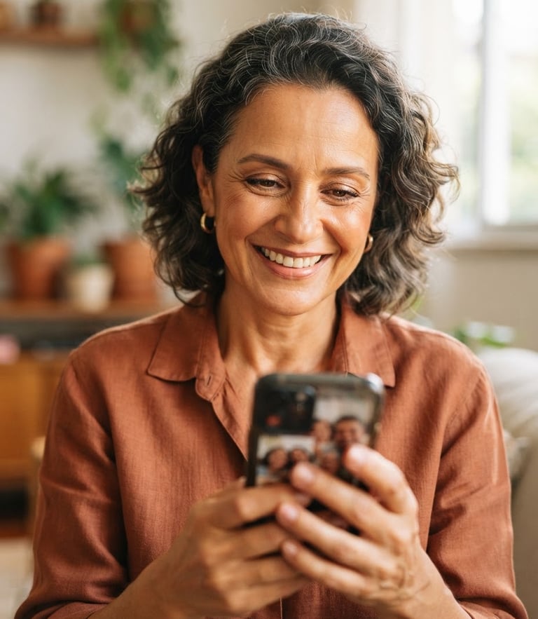 Close-up of a smiling mature Brazilian woman holding a smartphone in warm, natural daylight, looking happy and relieved, shallow depth of field, 35mm