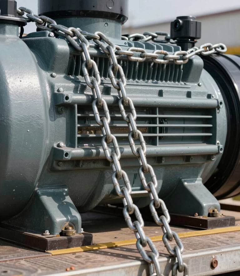 Close-up macro shot of heavy-duty steel tie-downs and massive tension chains securing a heavy industrial generator onto a flatbed trailer, harsh midday sun.