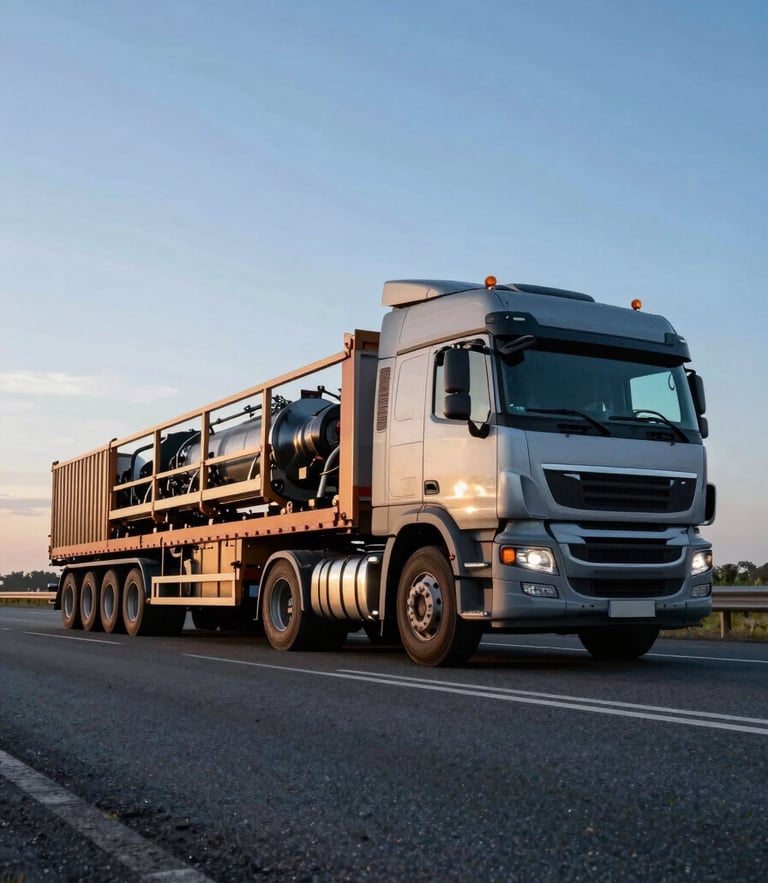 Low-angle wide-lens shot of a massive multi-axle heavy transport truck carrying industrial machinery, harsh morning blue hour light, highway asphalt foreground