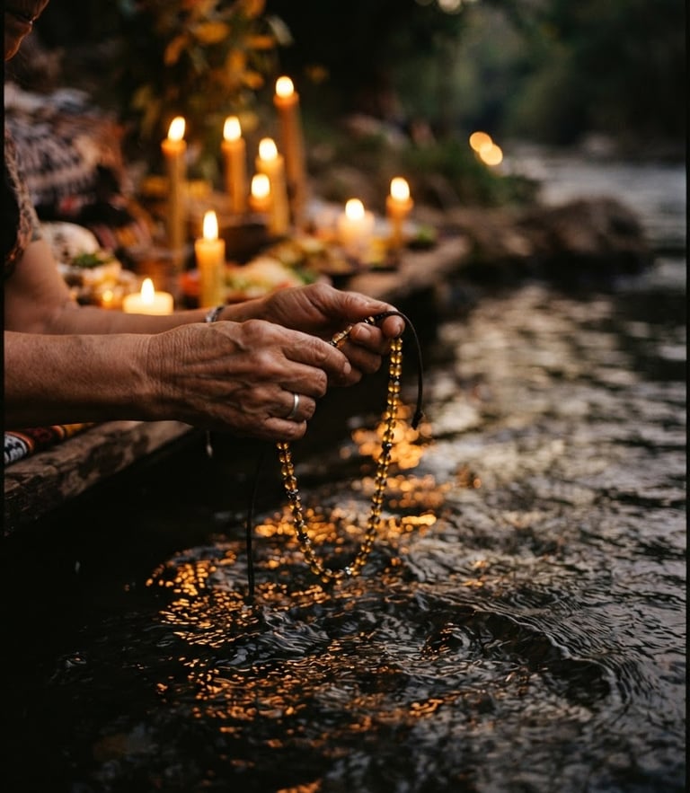 Warm spiritual photography of hands holding golden sacred guias beads over fresh river water, warm flickering candlelight, deep amber tones, shallow depth of field, 35mm
