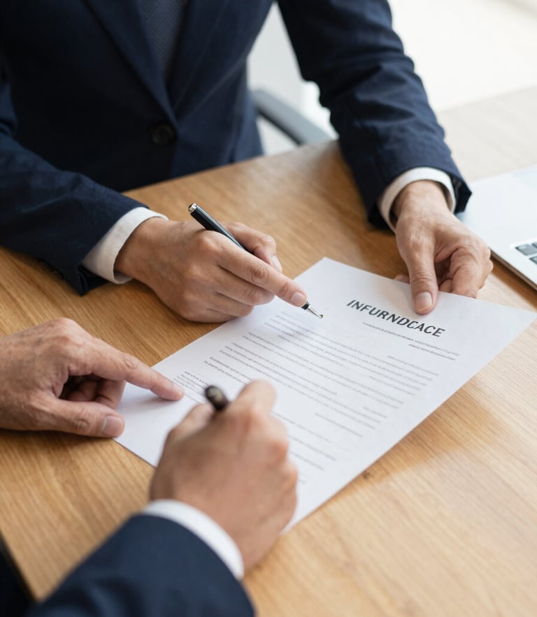 Hands of professional consultants reviewing insurance claim documents and contracts on a wooden table, soft natural office lighting, 35mm