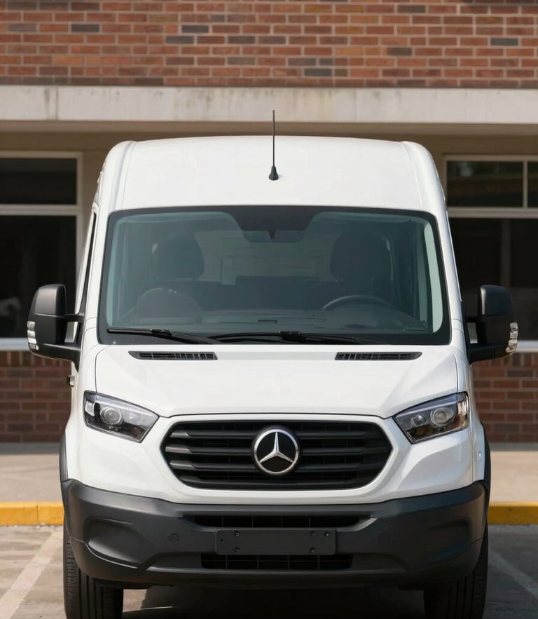 A straight-on architectural view of an unmarked, clean white transport vehicle parked outside a brick building in Alexandria, clear daytime lighting.