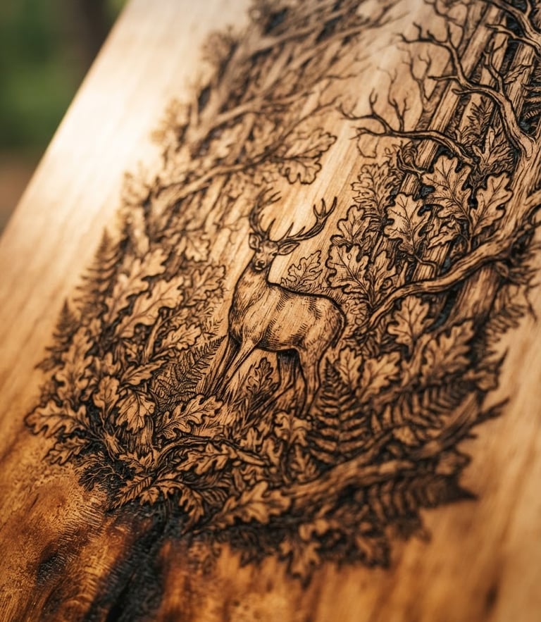 Macro shot of laser-engraving on rich birch wood, warm side-lighting highlighting the wood grain and delicate burnt edges, natural textures.