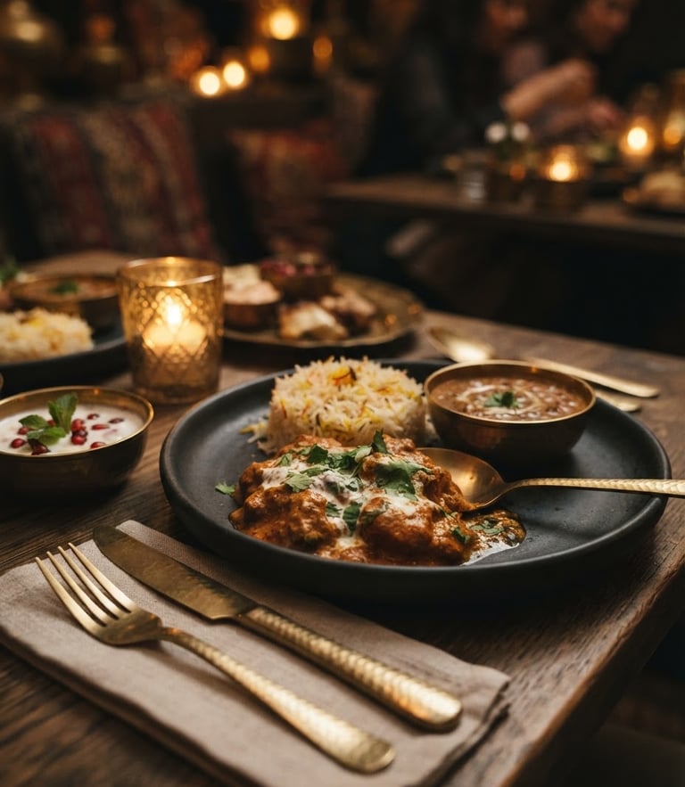Close-up of a beautifully set luxury Indian dining table, warm golden-hour side lighting, charcoal black plates, brass utensils, soft candle glow, shallow depth of field, 35mm