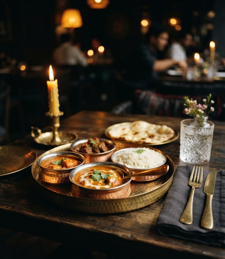 Moody close-up of a beautifully set fine-dining table in a warm-lit Indian restaurant, soft candle light reflecting off brass plates, dark charcoal background, shallow depth of field, 35mm