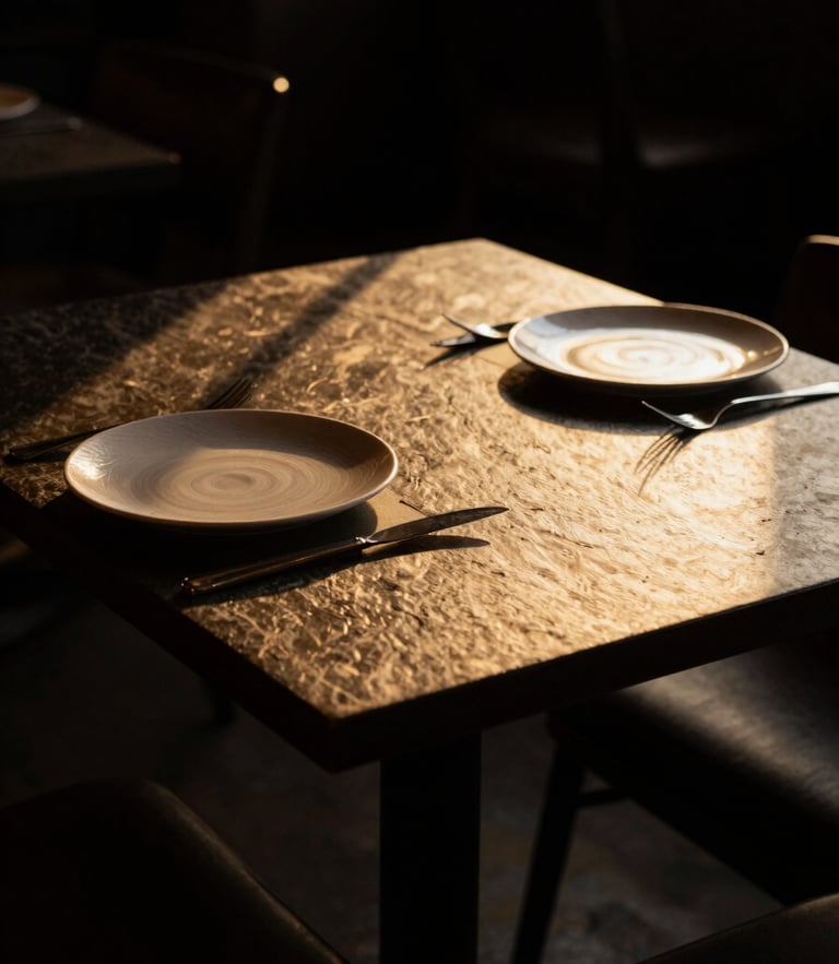Medium environmental shot of a cozy restaurant table setting for two, dark slate table, warm golden-hour side-lighting casting deep shadows, moody high-contrast atmosphere, 50mm lens.