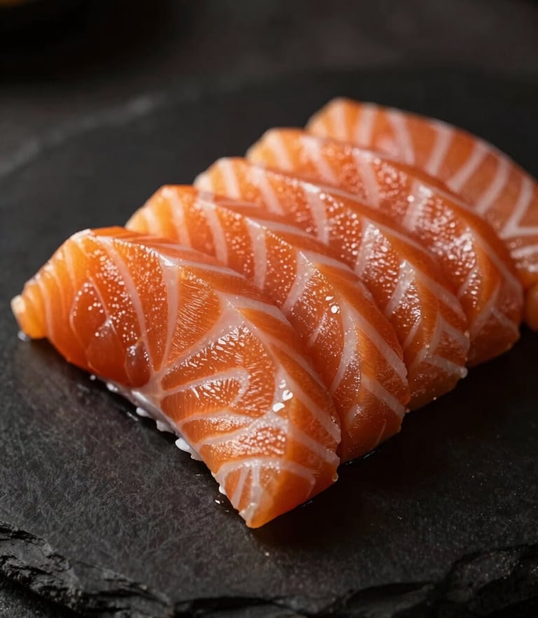 Moody close-up of freshly sliced salmon sashimi on a dark slate plate, warm golden-hour side lighting, shallow depth of field, 50mm