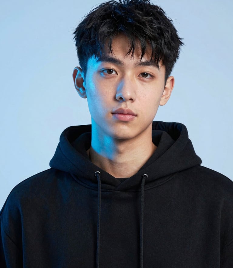 A close-up portrait of a Gen Z creator wearing a black minimalist hoodie, cool studio lighting with vibrant electric blue highlights, sharp focus