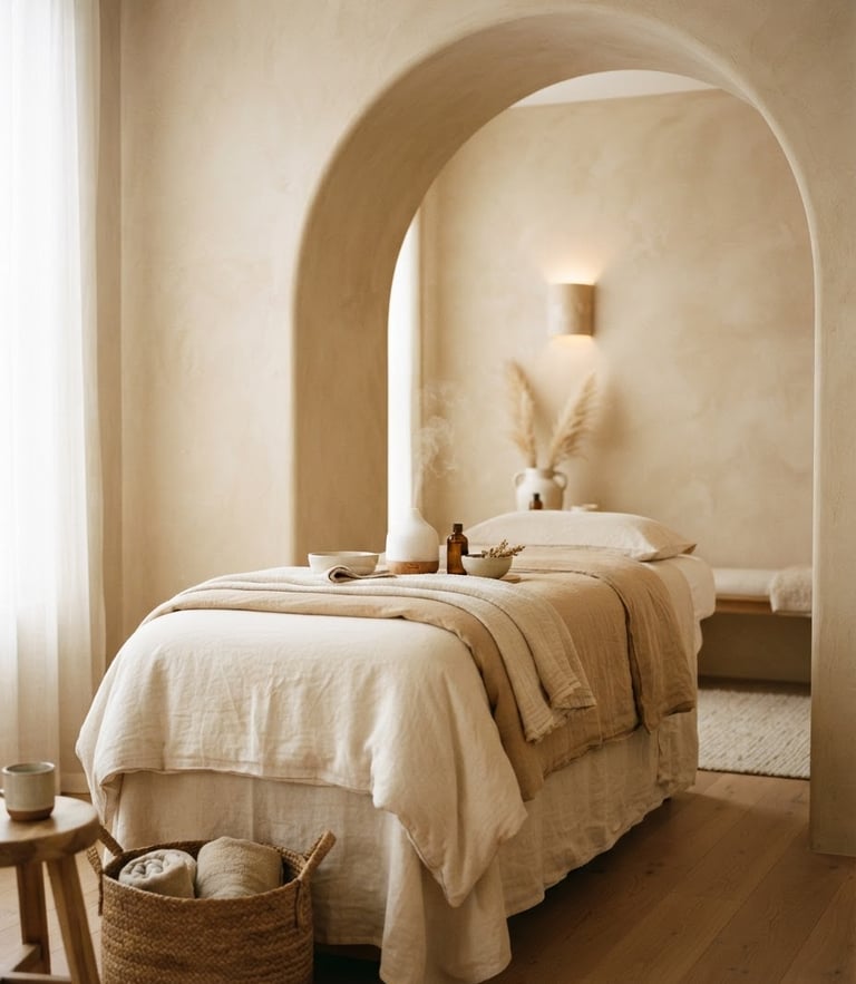 Soft diffused natural light illuminating a minimalist treatment room with clean linen, warm sand tones, architectural arch detail, 35mm film