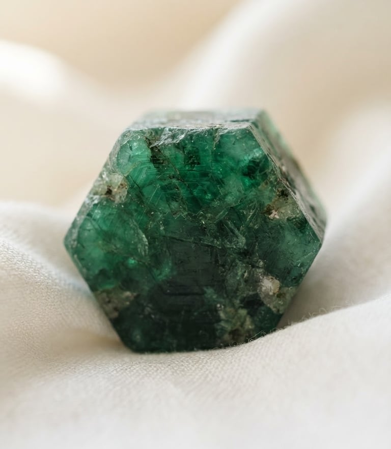 macro editorial photography of a raw, unpolished Colombian emerald crystal resting on clean white silk, soft natural daylight highlighting its deep green untamed inclusions, shallow depth of field, 35mm
