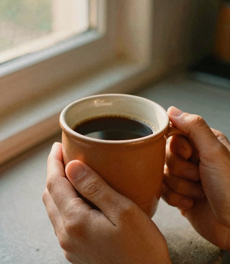 Hands holding a warm terracotta stoneware mug filled with coffee, soft golden-hour window light, cozy kitchen background, tactile texture, 35mm film.