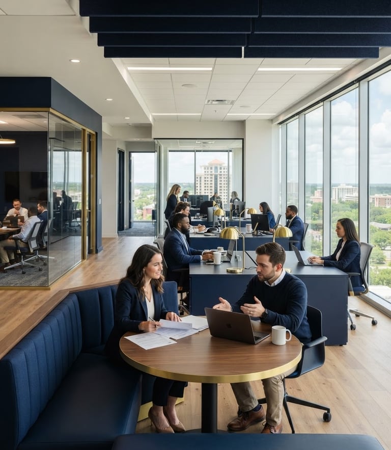 A sharp corporate office interior in Tallahassee, bright natural daylight streaming through large windows, clean architectural lines, deep navy accents, 50mm.