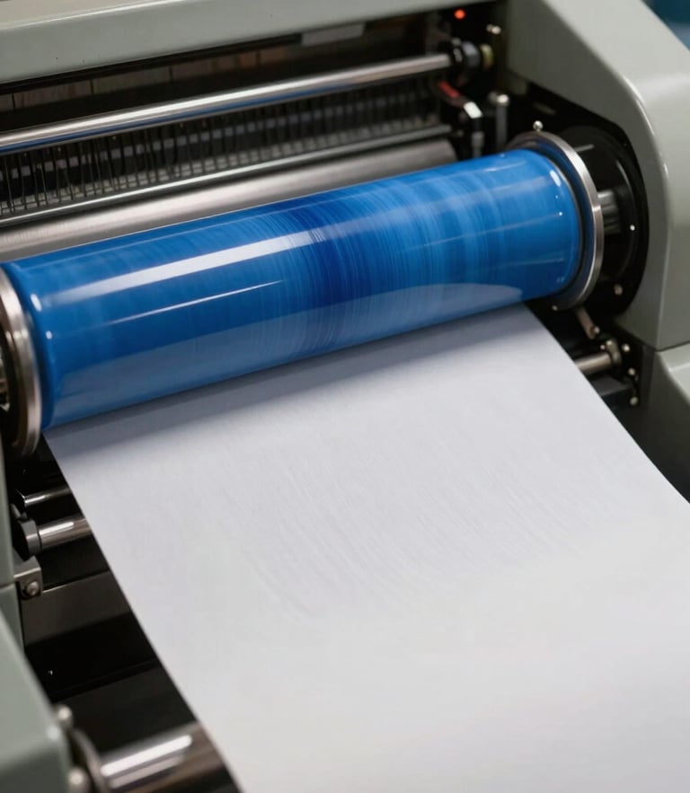 Close-up of a printing press cylinder applying vibrant blue ink to thick cotton paper, action shot with motion blur, industrial studio lighting