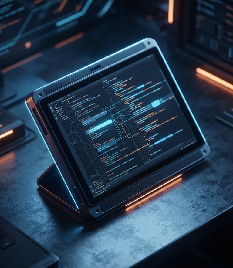 Sleek dark-mode technology photography, isometric high-fidelity device mockup showing clean code architecture, moody blue neon rim lighting, 35mm lens